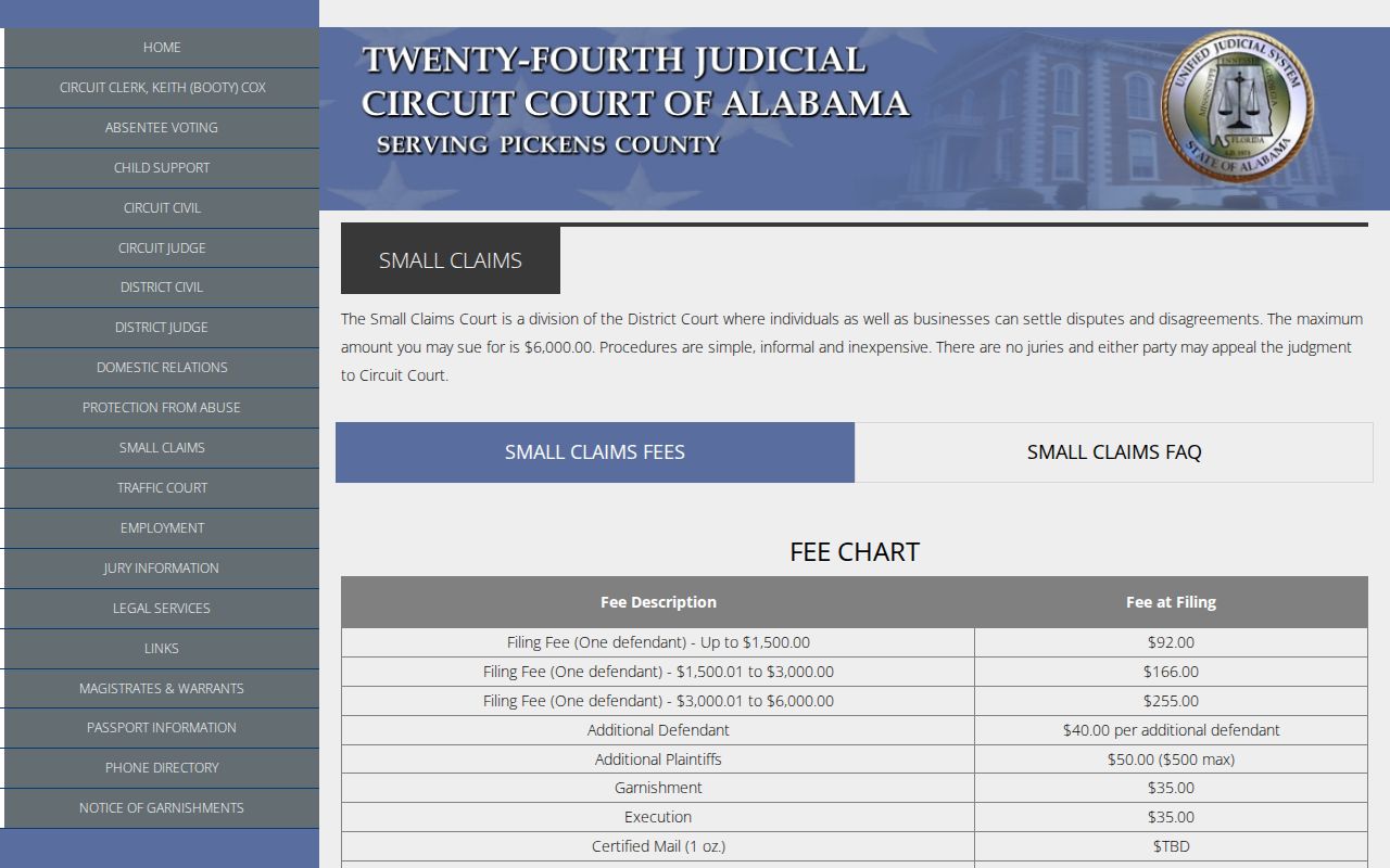 Pickens County Circuit Clerk Small Claims filing steps