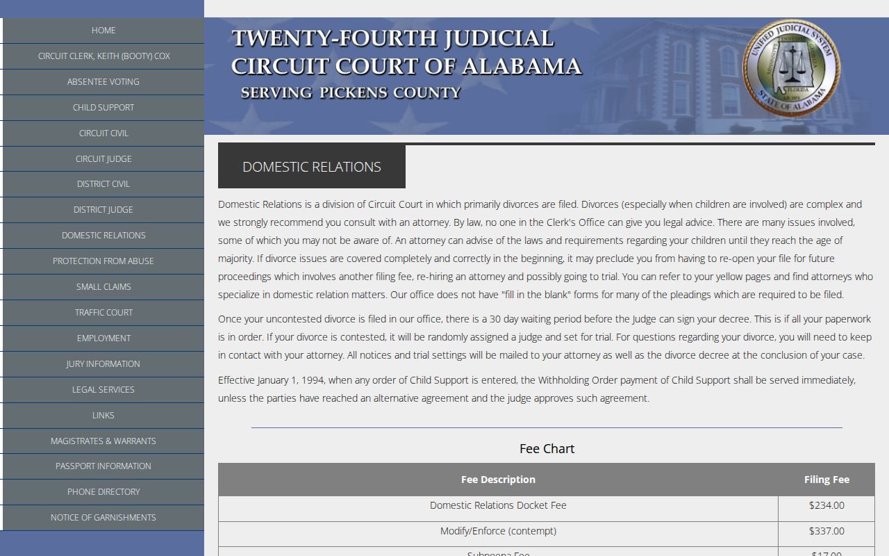 Pickens County Circuit Clerk Domestic Relations filing information