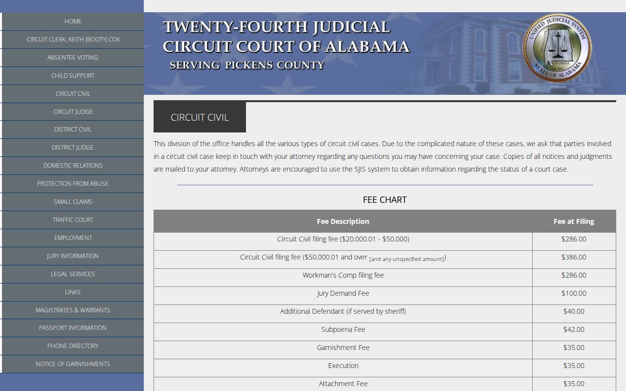 Pickens County Circuit Clerk Circuit Civil filing fees
