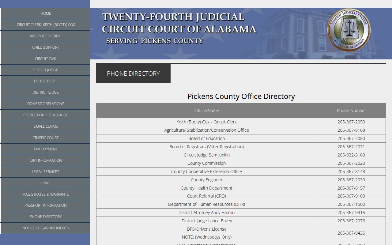 Pickens County court records office phone directory